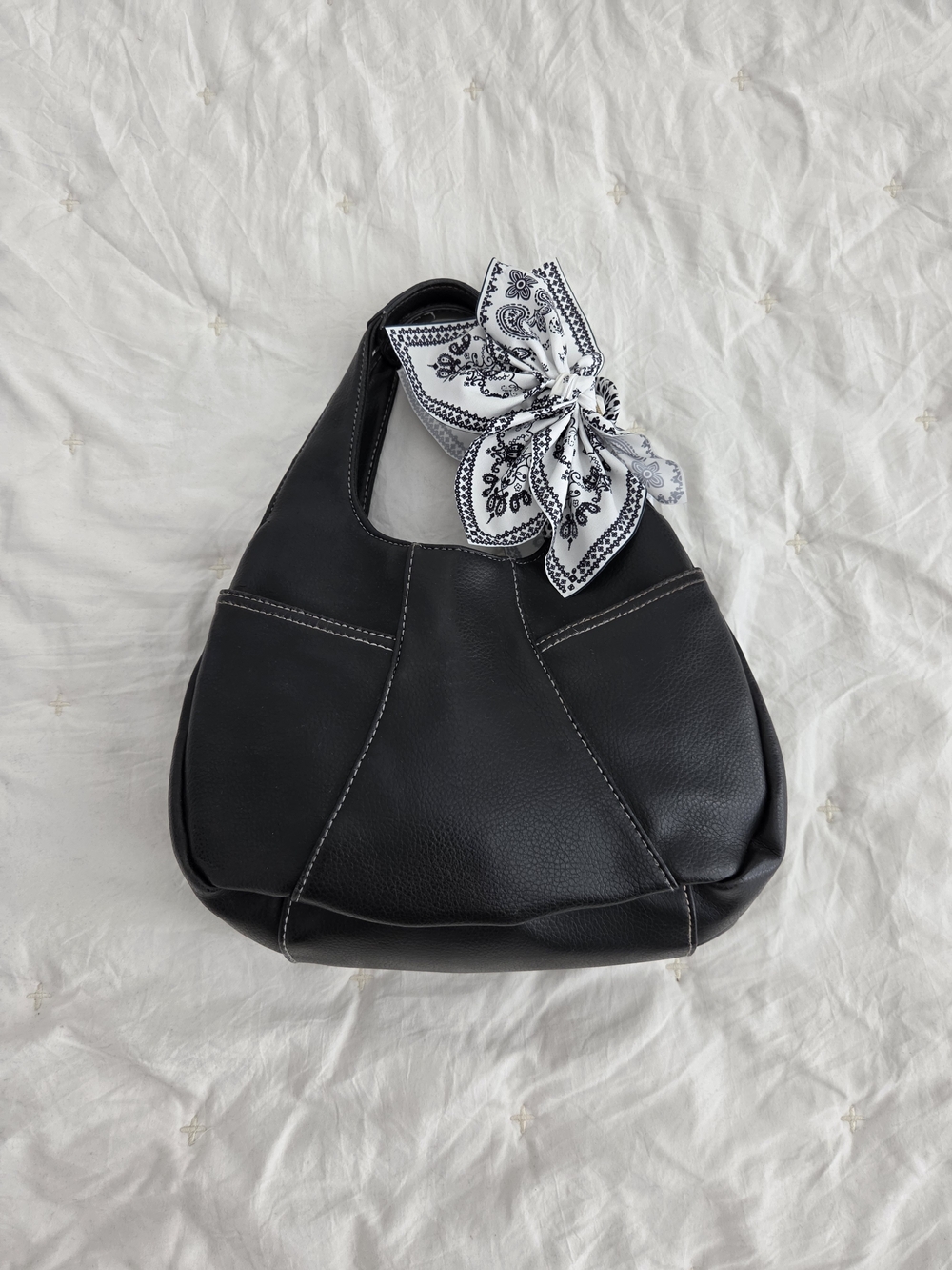Classic Black Shoulder Bag with Accent Scarf Clip